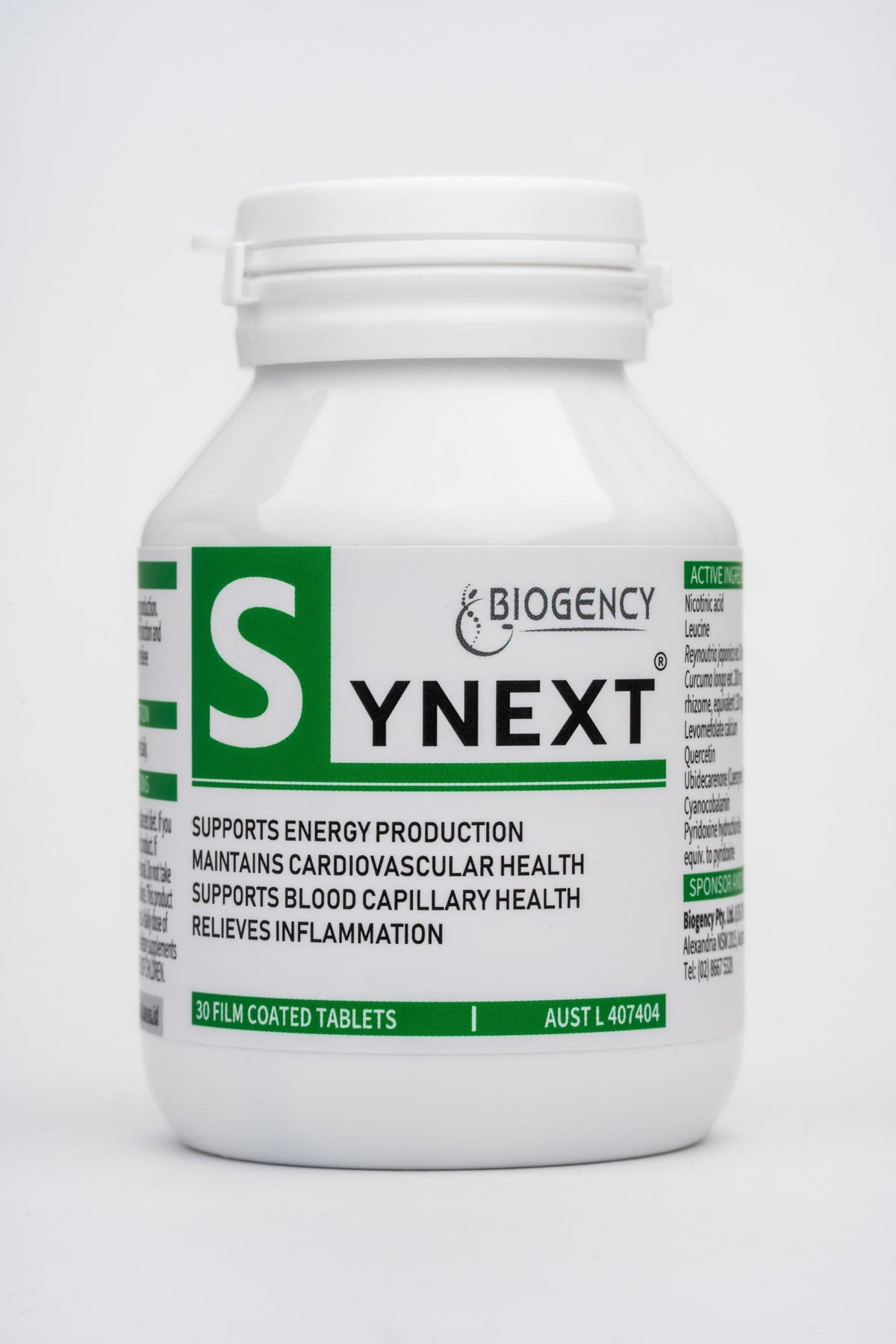 Biogency Synext NAD+ tablets bottle front view highlights daily energy support