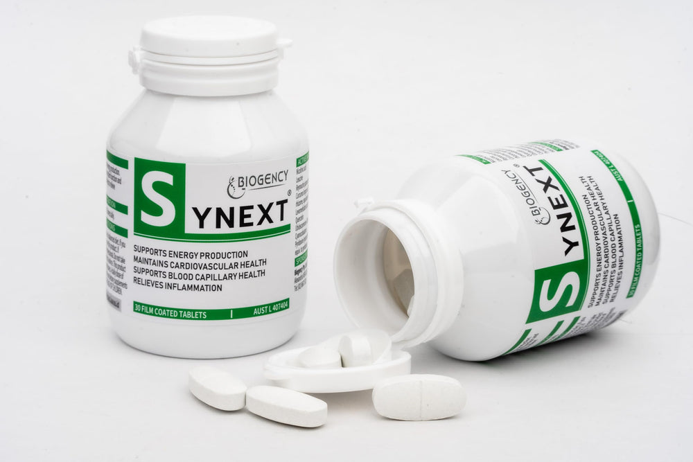 Biogency Synext NAD+ bottle beside a glass of water for daily use