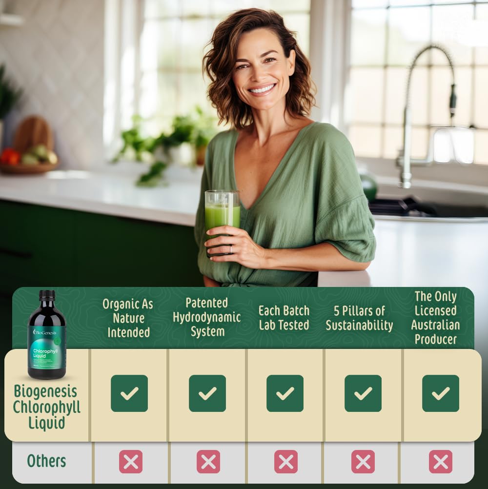 Biogenesis Chlorophyll Liquid Australian-made label highlighting clean farming