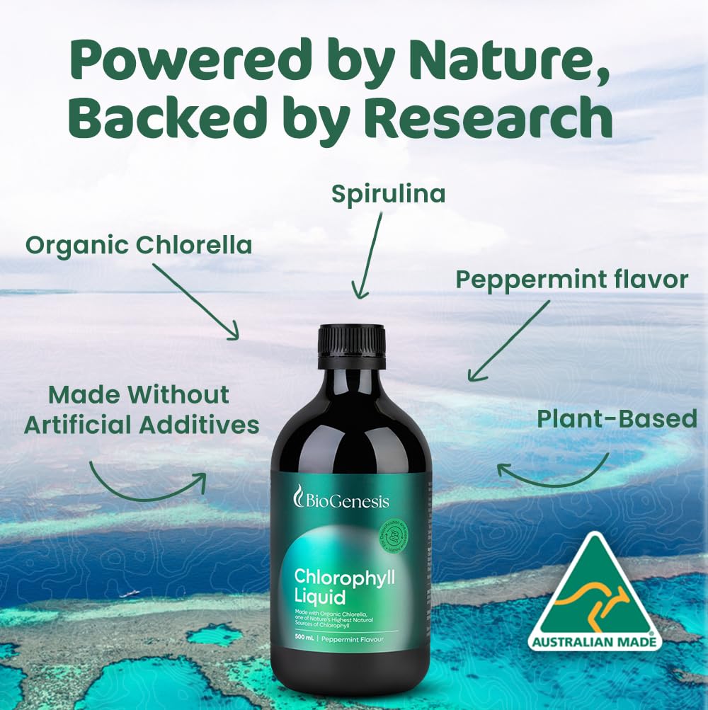 Biogenesis Chlorophyll Liquid in a glass ready to support daily digestion