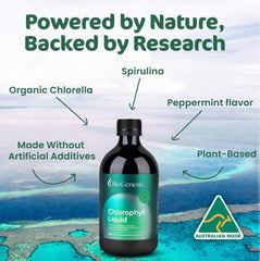 Biogenesis Chlorophyll Liquid in a glass ready to support daily digestion