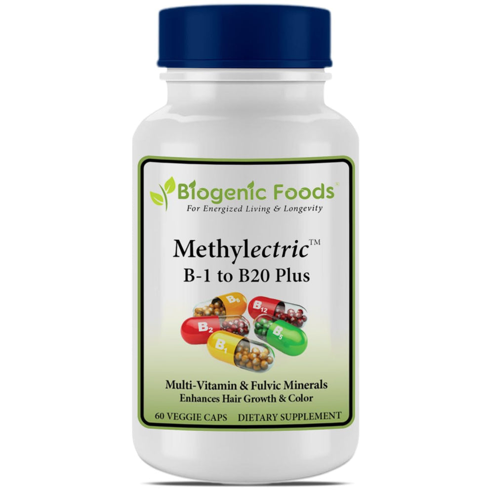 Biogenic Foods Methylectric B-50 bottle with vegan capsules for daily wellness.