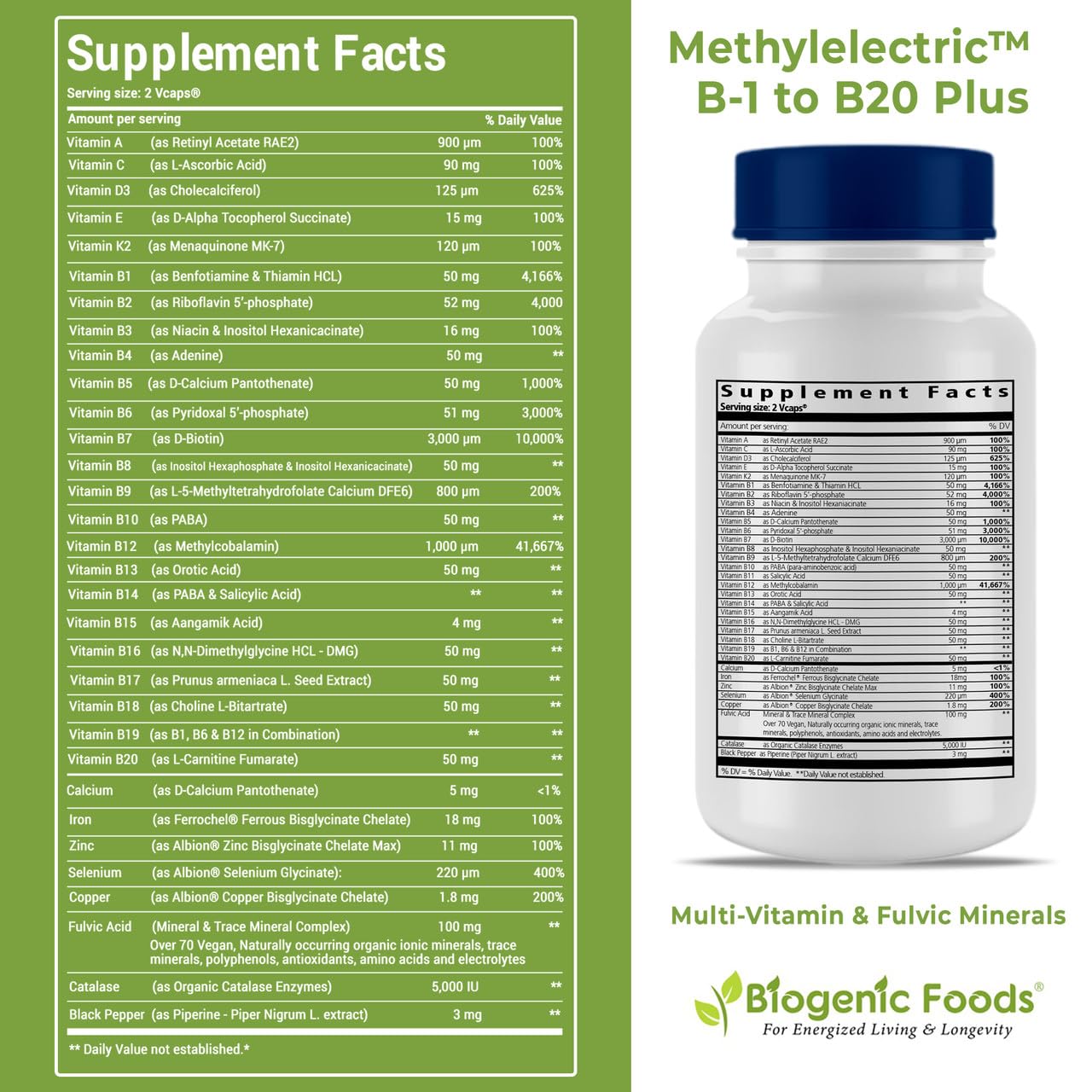 Biogenic Foods Methylectric B-50 capsules provide methylated B vitamins for energy support.