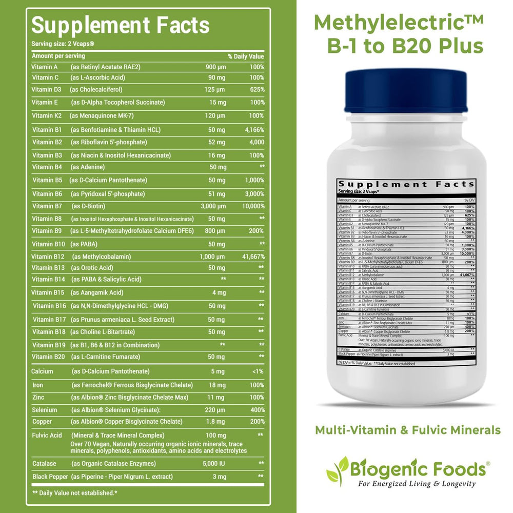 Biogenic Foods Methylectric B-50 capsules provide methylated B vitamins for energy support.