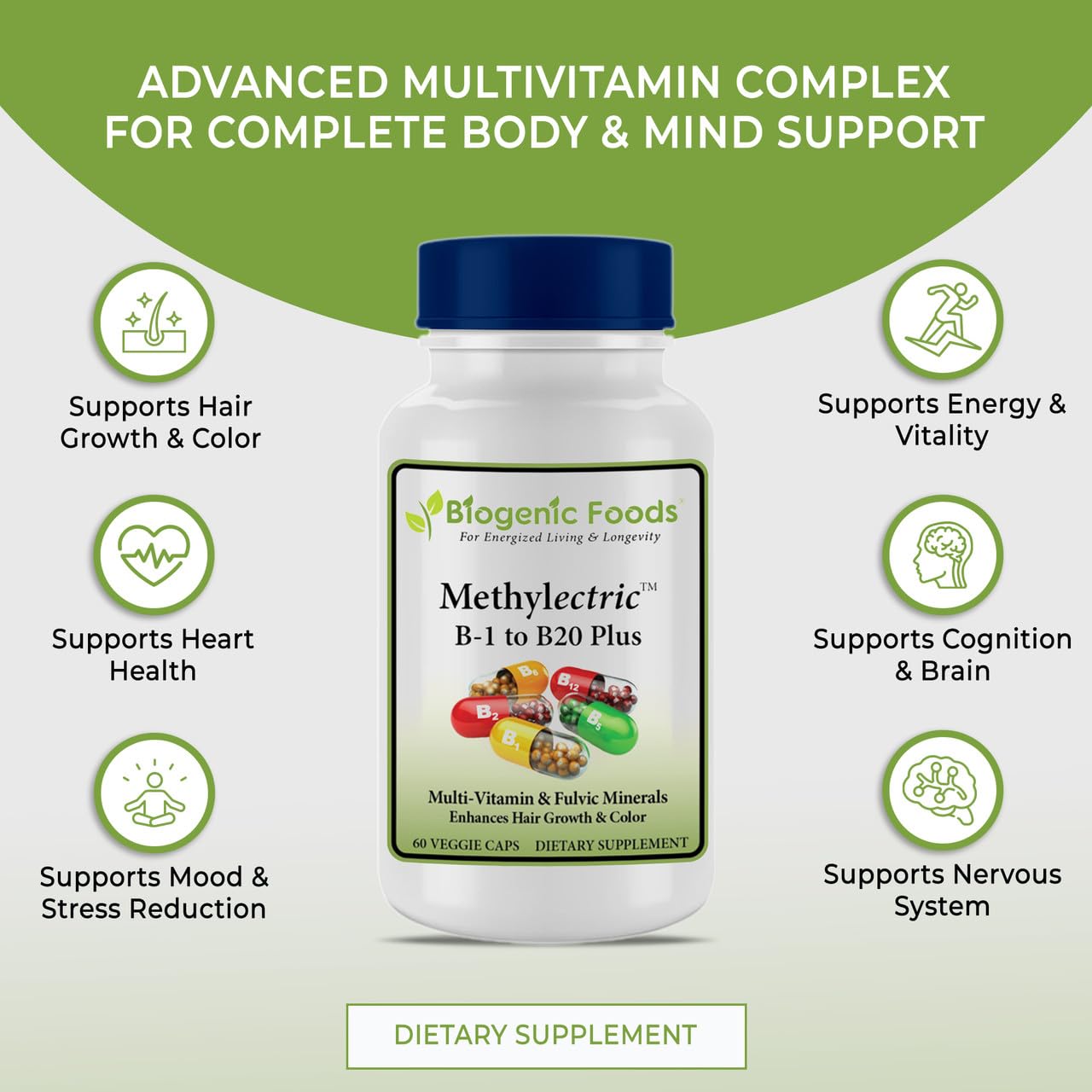 Biogenic Foods Methylectric B-50 close-up highlights piperine and vitamin C for absorption.