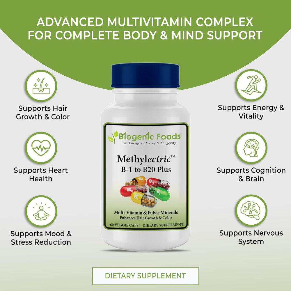 Biogenic Foods Methylectric B-50 close-up highlights piperine and vitamin C for absorption.