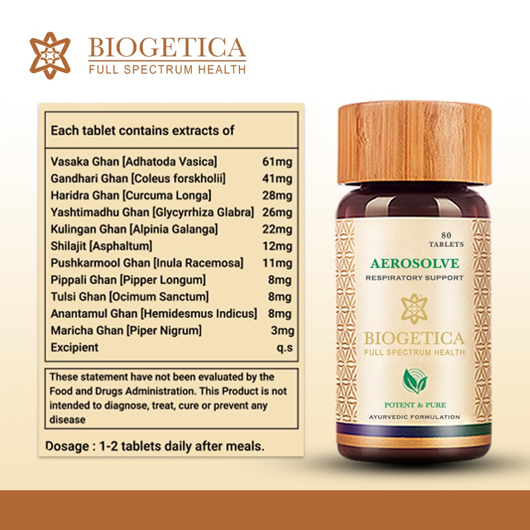 Biogetica Aerosolve ingredients list highlighting Ocimum sanctum, Curcuma longa, thyme.
