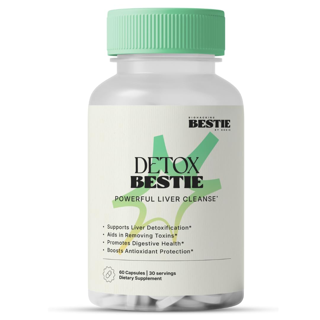 Biohacking Bestie Detox Bestie bottle front, branded packaging for daily detox support