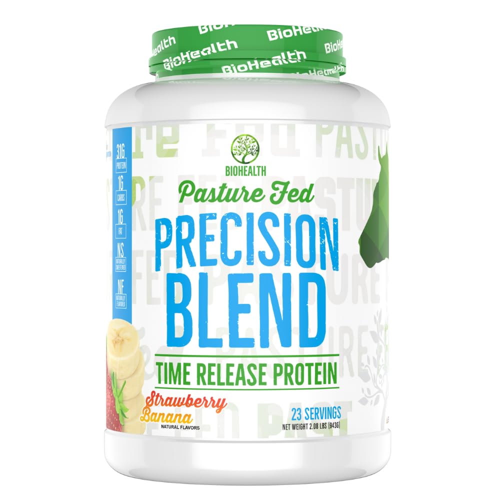 BioHealth Precision Blend strawberry banana shake for steady protein release and workout fueling.
