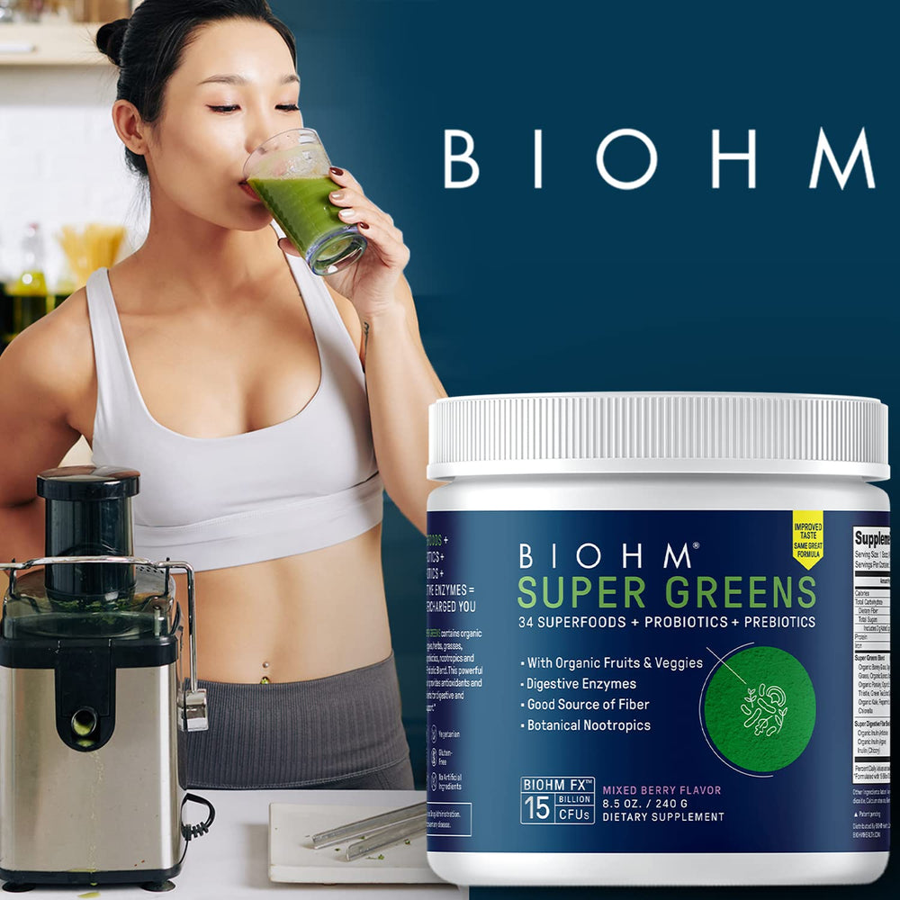 BIOHM Super Greens bottle with spoon and greens visible