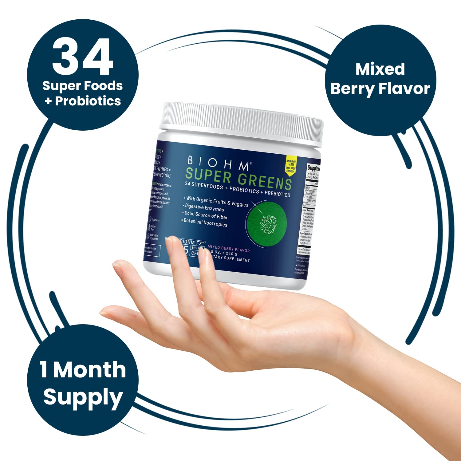 BIOHM Super Greens mixed-berry powder in a shaker bottle