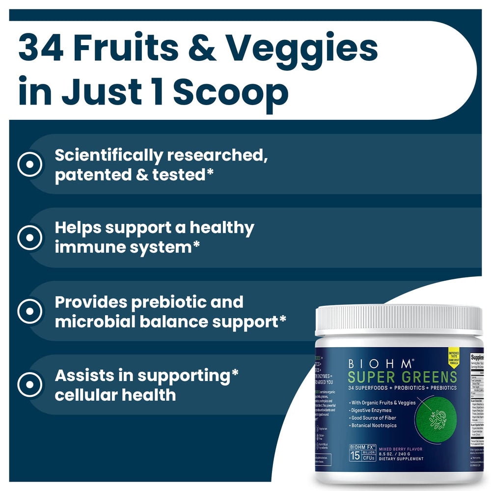 BIOHM Super Greens being poured into a glass for smoothie boost