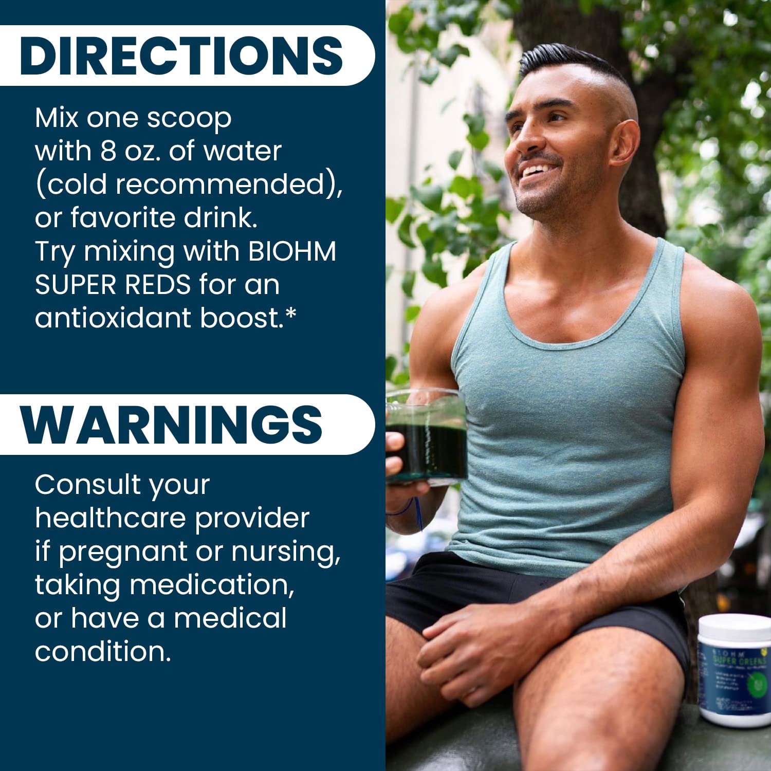 BIOHM Super Greens container featuring greens and probiotics symbols