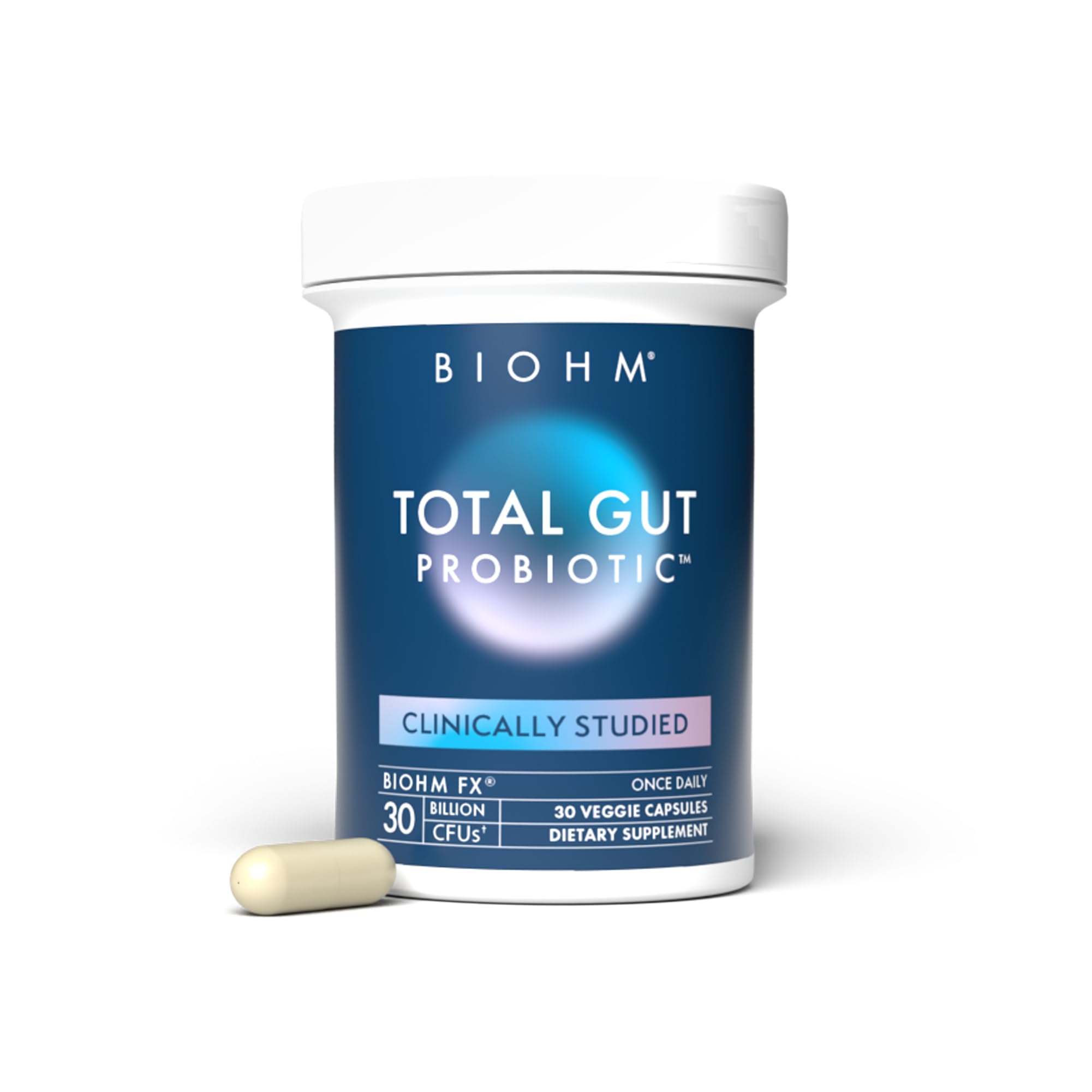 BIOHM Total Probiotic bottle front for premium gut support in everyday routine.