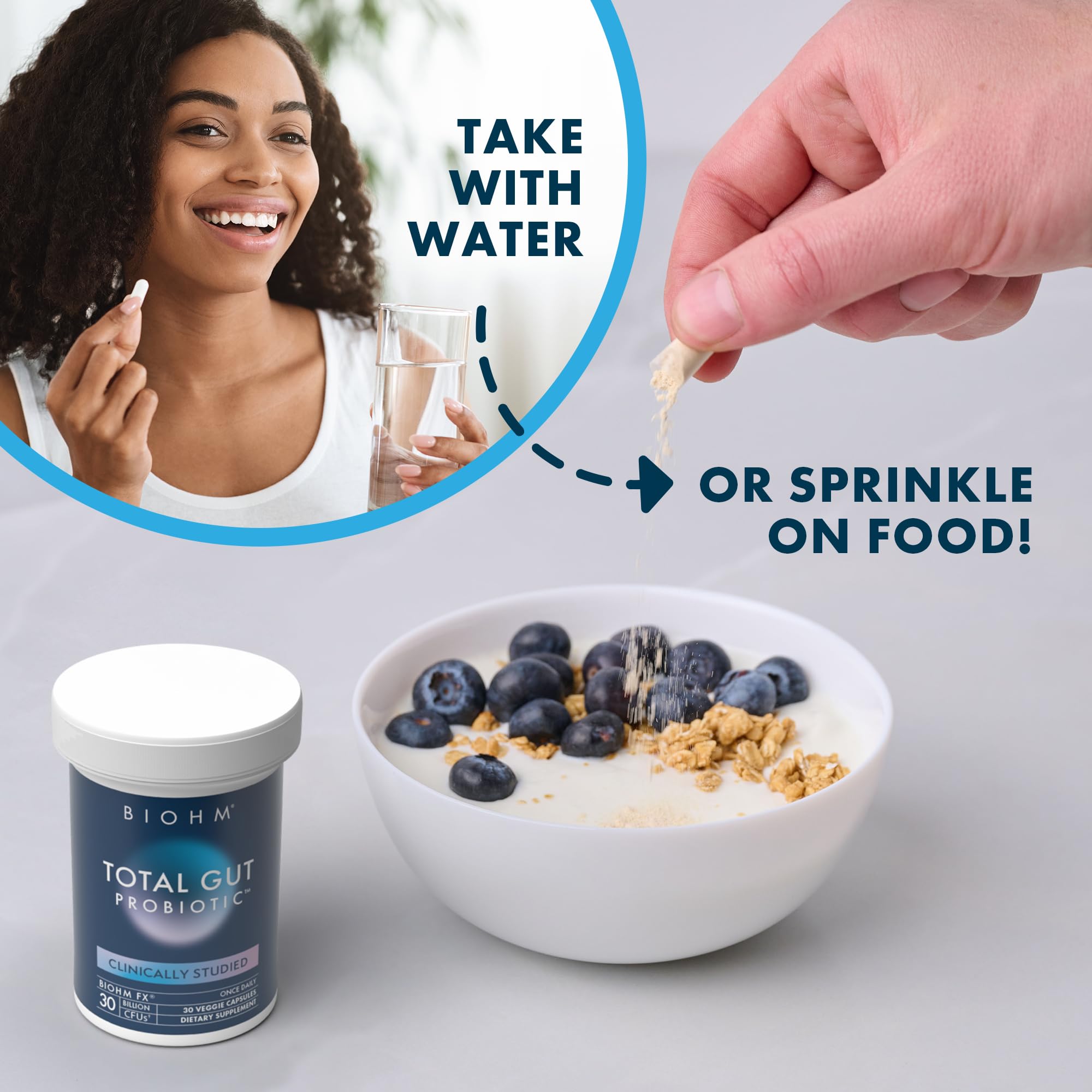 BIOHM Total Probiotic on kitchen counter underscores easy daily wellness routine.