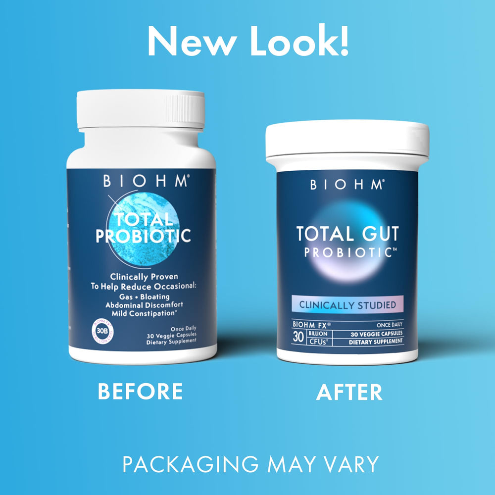 BIOHM Total Probiotic vegan capsule beside healthy foods signals simple daily habit.