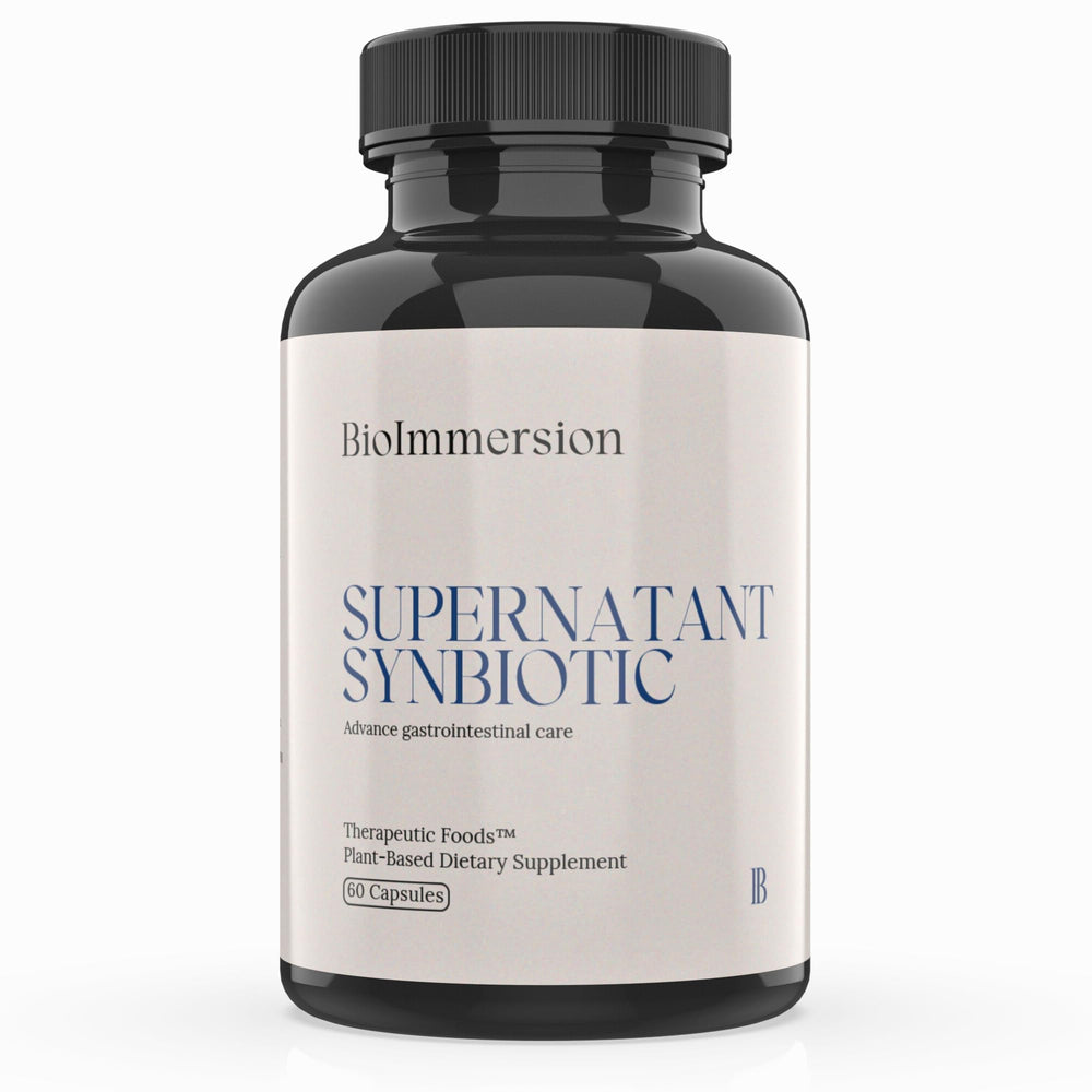 BioImmersion Supernatant Synbiotic bottle highlights digestion support and gut balance
