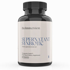 BioImmersion Supernatant Synbiotic bottle highlights digestion support and gut balance
