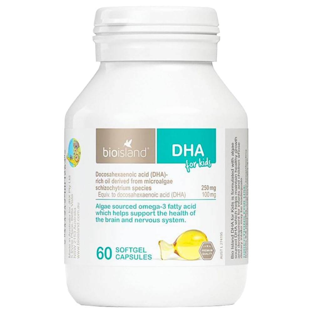 Bio Island DHA Kids bottle with vegan microalgae DHA supports brain and eye health.