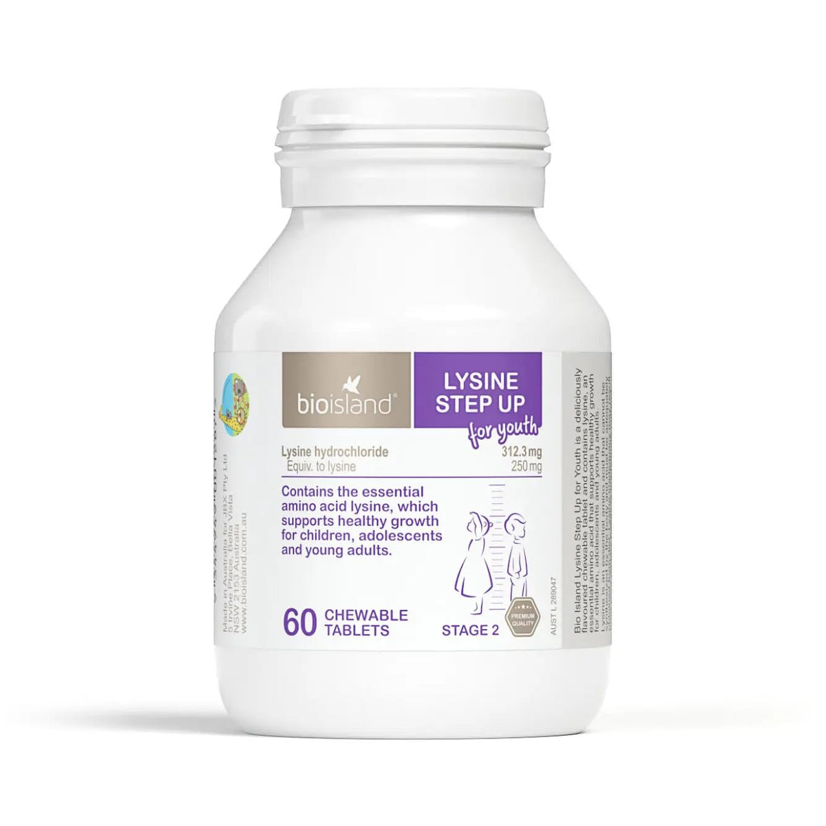 Bio Island Lysine Step Up bottle front shows chewables for growth.