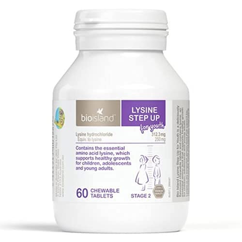 Close-up of Bio Island Lysine Step Up chewables, kid-friendly taste for easy daily use.