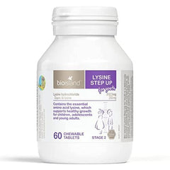 Close-up of Bio Island Lysine Step Up chewables, kid-friendly taste for easy daily use.