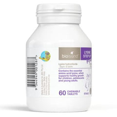 Bio Island Lysine Step Up chewable tablets shown with delicious flavor for youth routines.