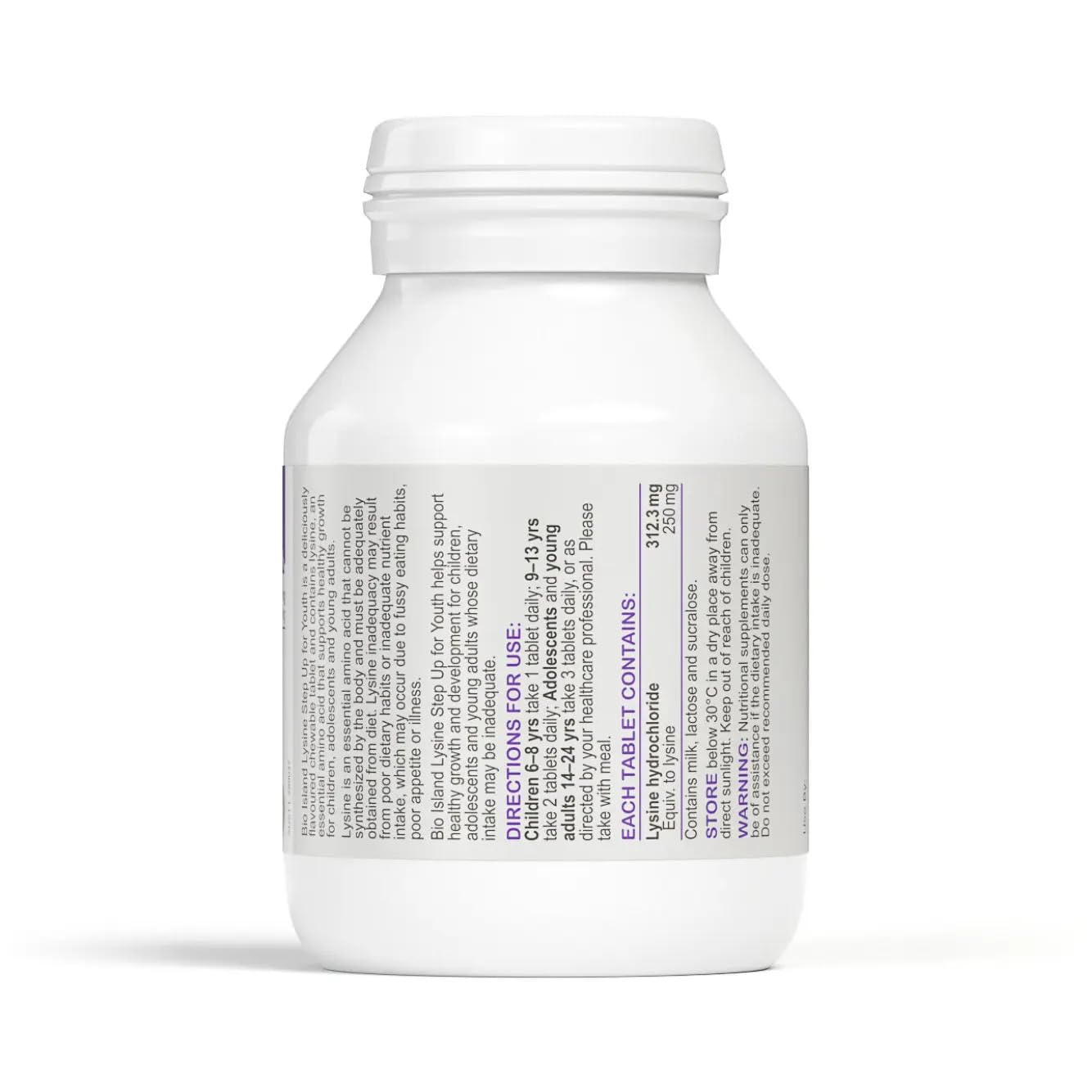 Bio Island Lysine Step Up tablets close-up with blackcurrant flavour.