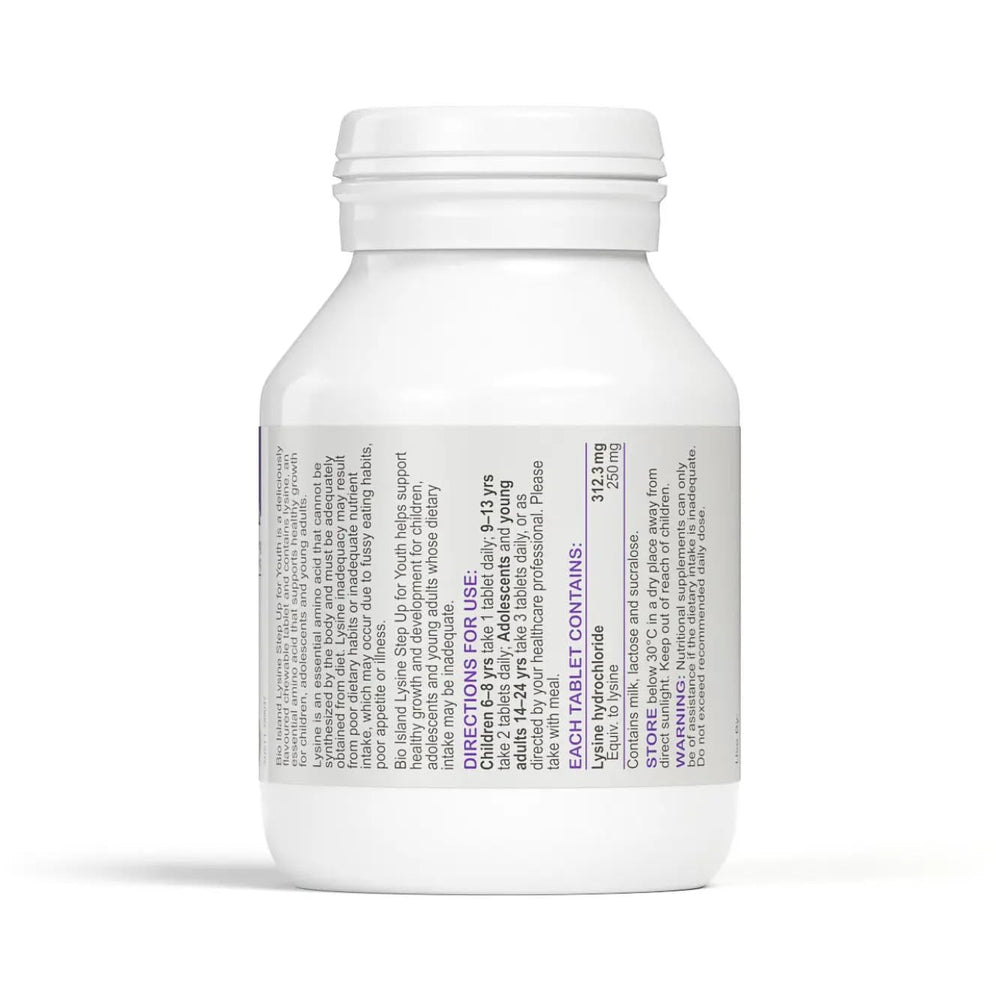 Bio Island Lysine Step Up tablets close-up with blackcurrant flavour.