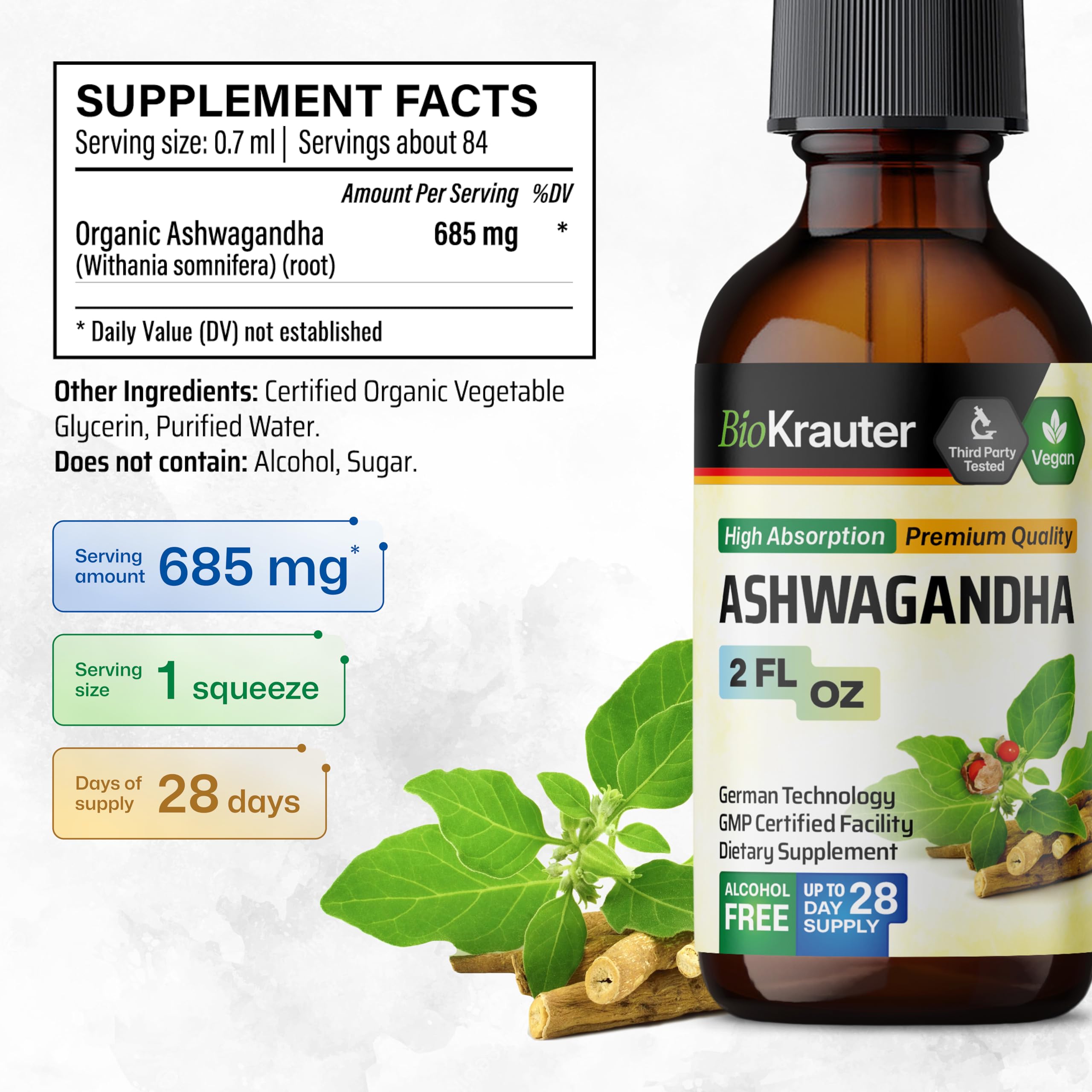 Close-up of dropper with Ashwagandha liquid for convenient servings.