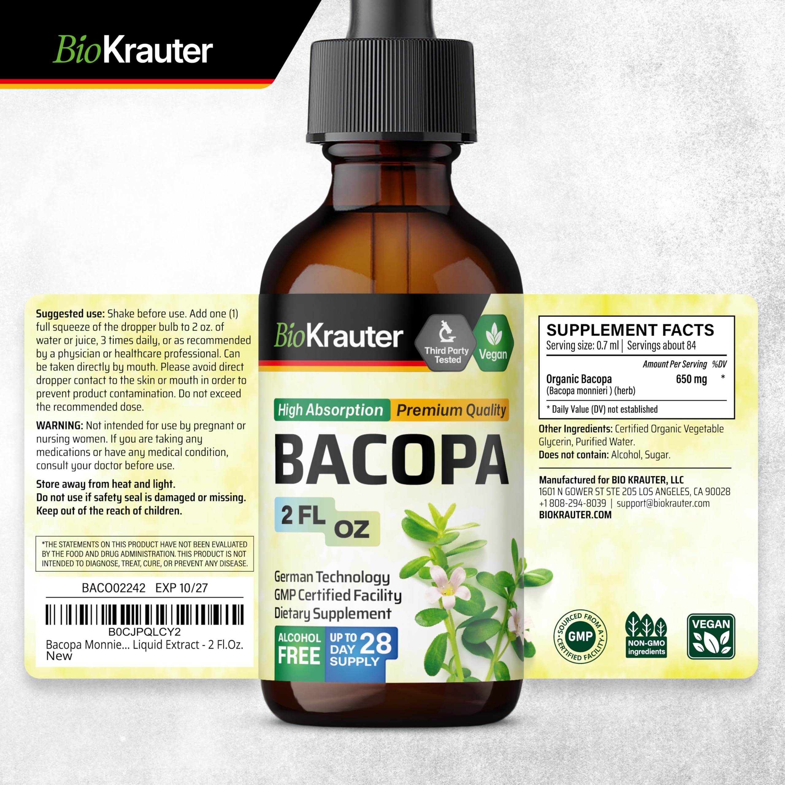 BIO KRAUTER Bacopa per-serving measure displayed for 84 servings.