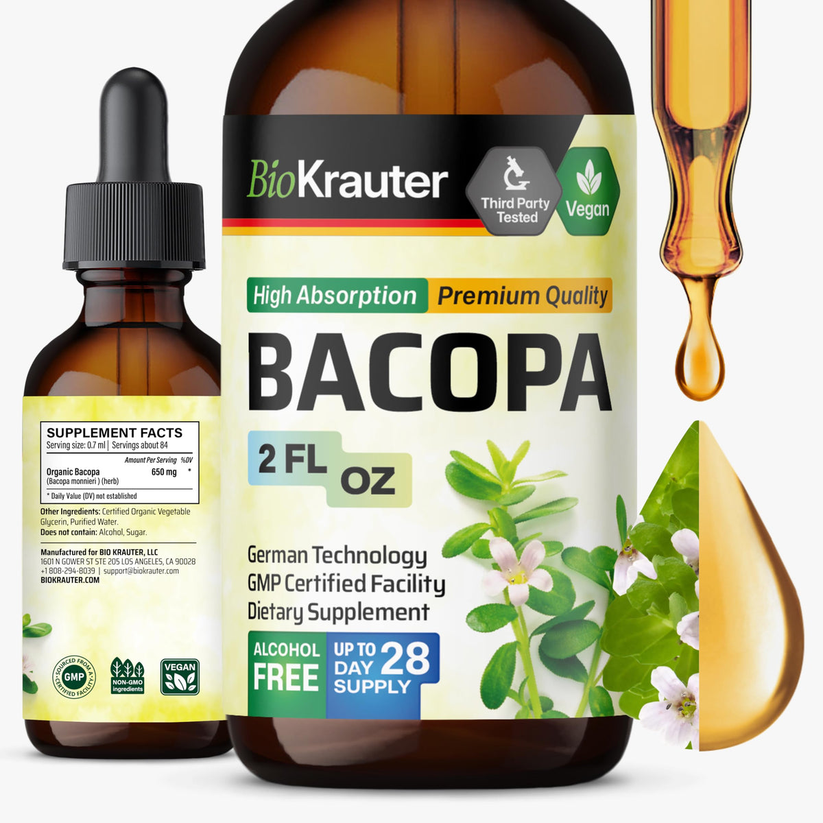 BIO KRAUTER Bacopa liquid bottle for daily brain support and easy dosing.