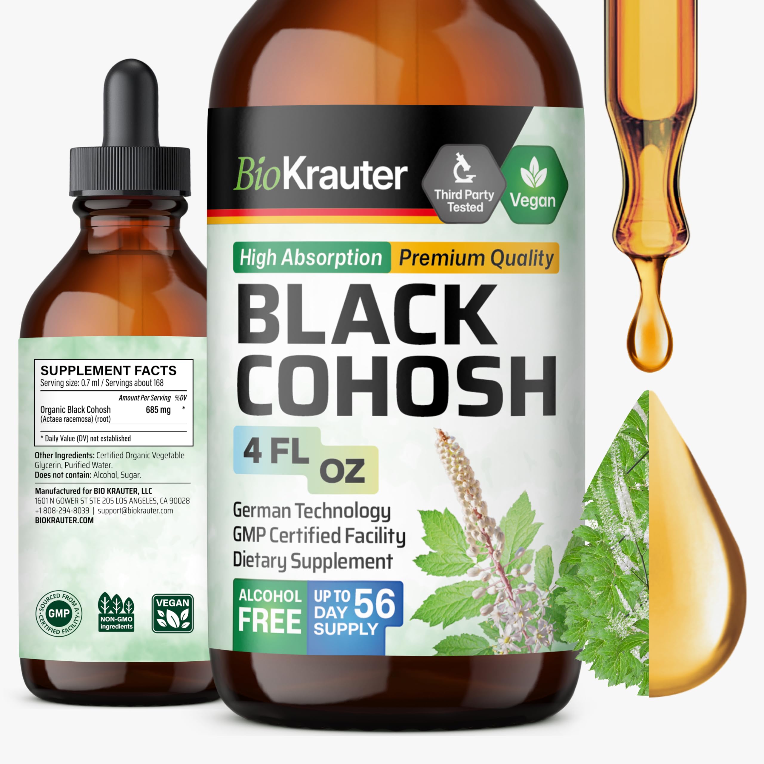 BIO KRAUTER Black Cohosh tincture bottle with dropper for vegan, alcohol-free wellness.