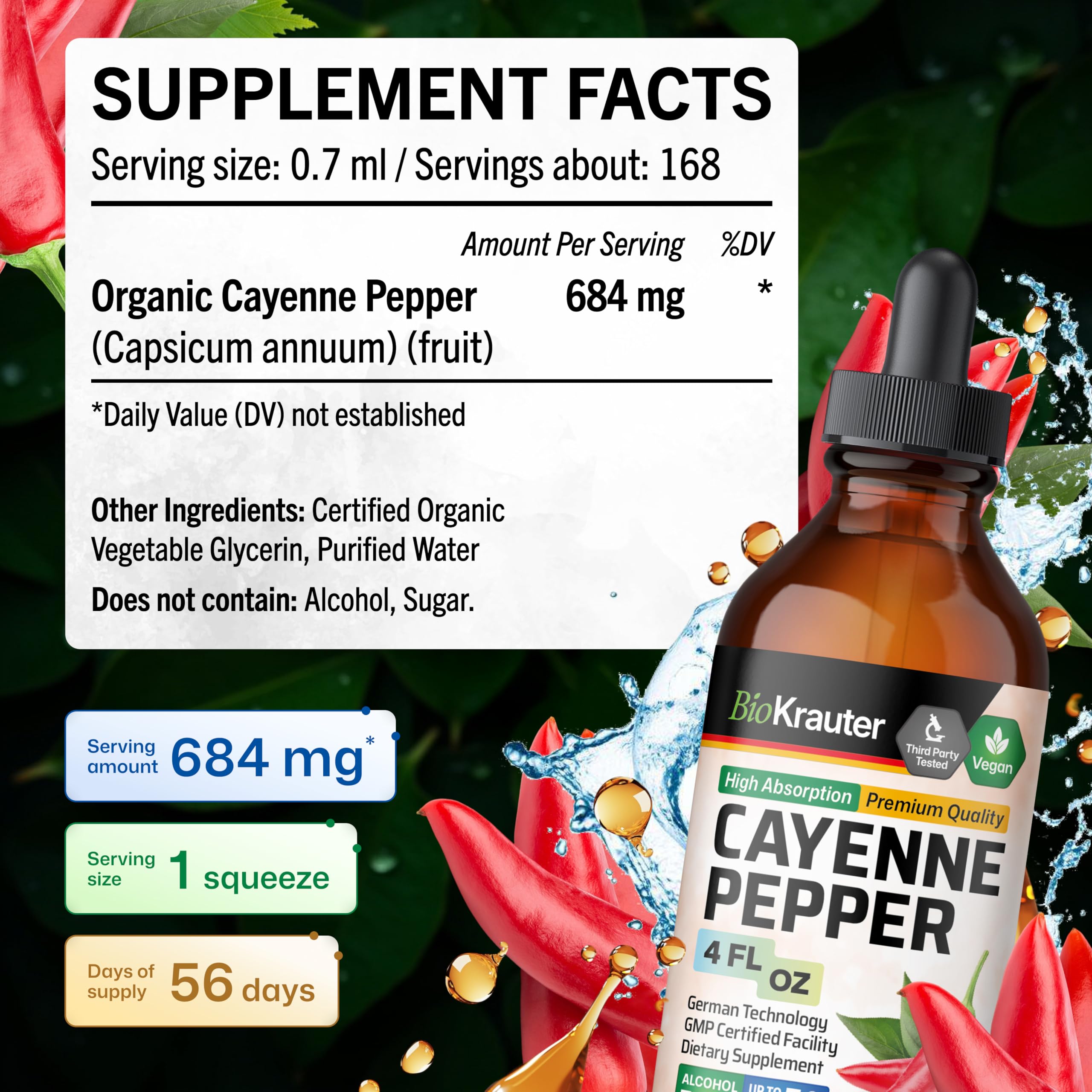 BIO KRAUTER Cayenne Drops label highlights vegan, non-GMO, and alcohol-free formula.