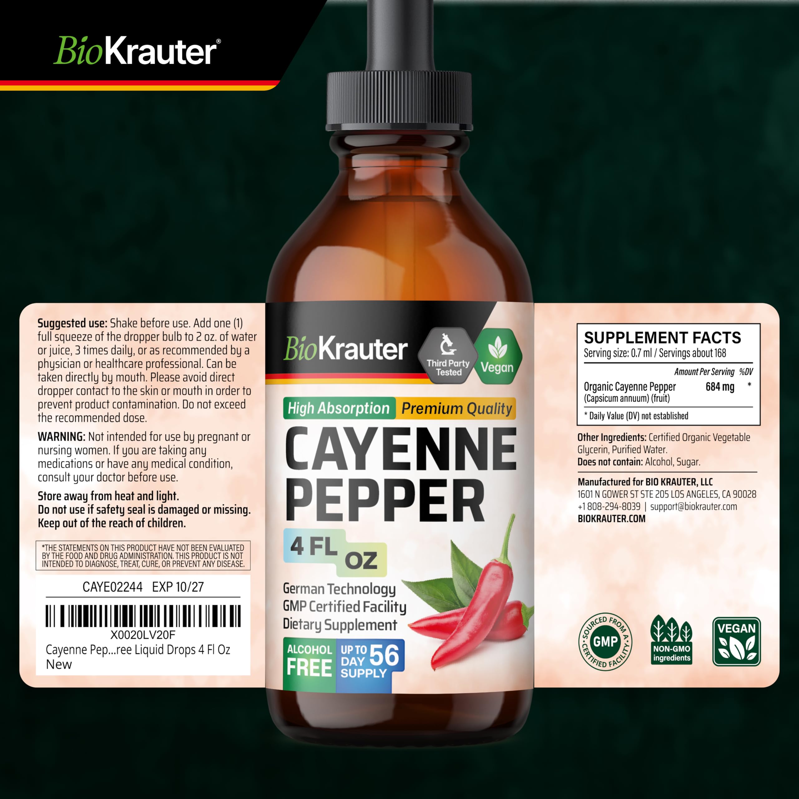 BIO KRAUTER Cayenne Drops packaging on a shelf emphasizing a 56-day supply.