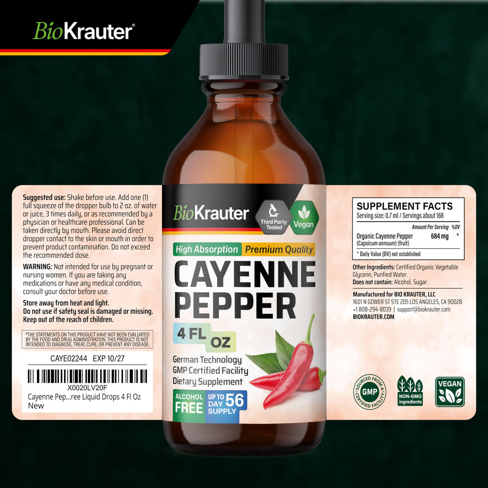 BIO KRAUTER Cayenne Drops packaging on a shelf emphasizing a 56-day supply.