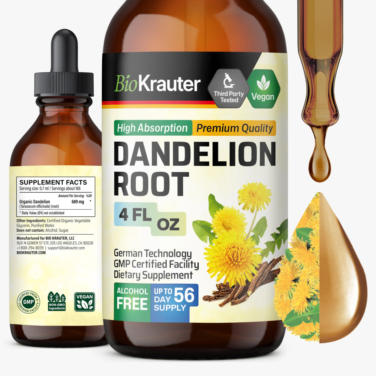 BIO KRAUTER Dandelion Root Extract bottle shows a vegan, alcohol-free tincture for daily wellness.