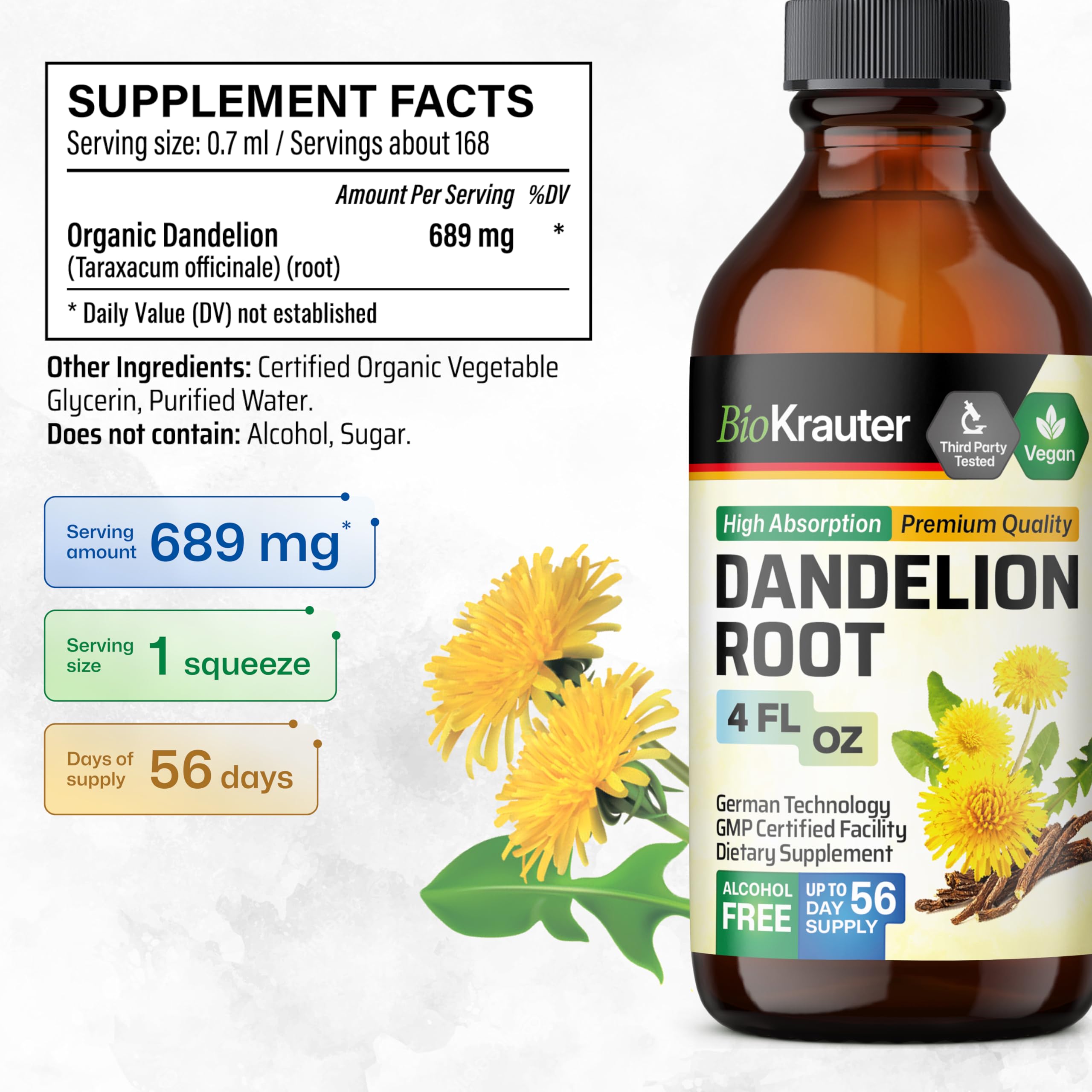 Dandelion root ingredients emphasize a natural plant-based tincture derived from Taraxacum officinale.