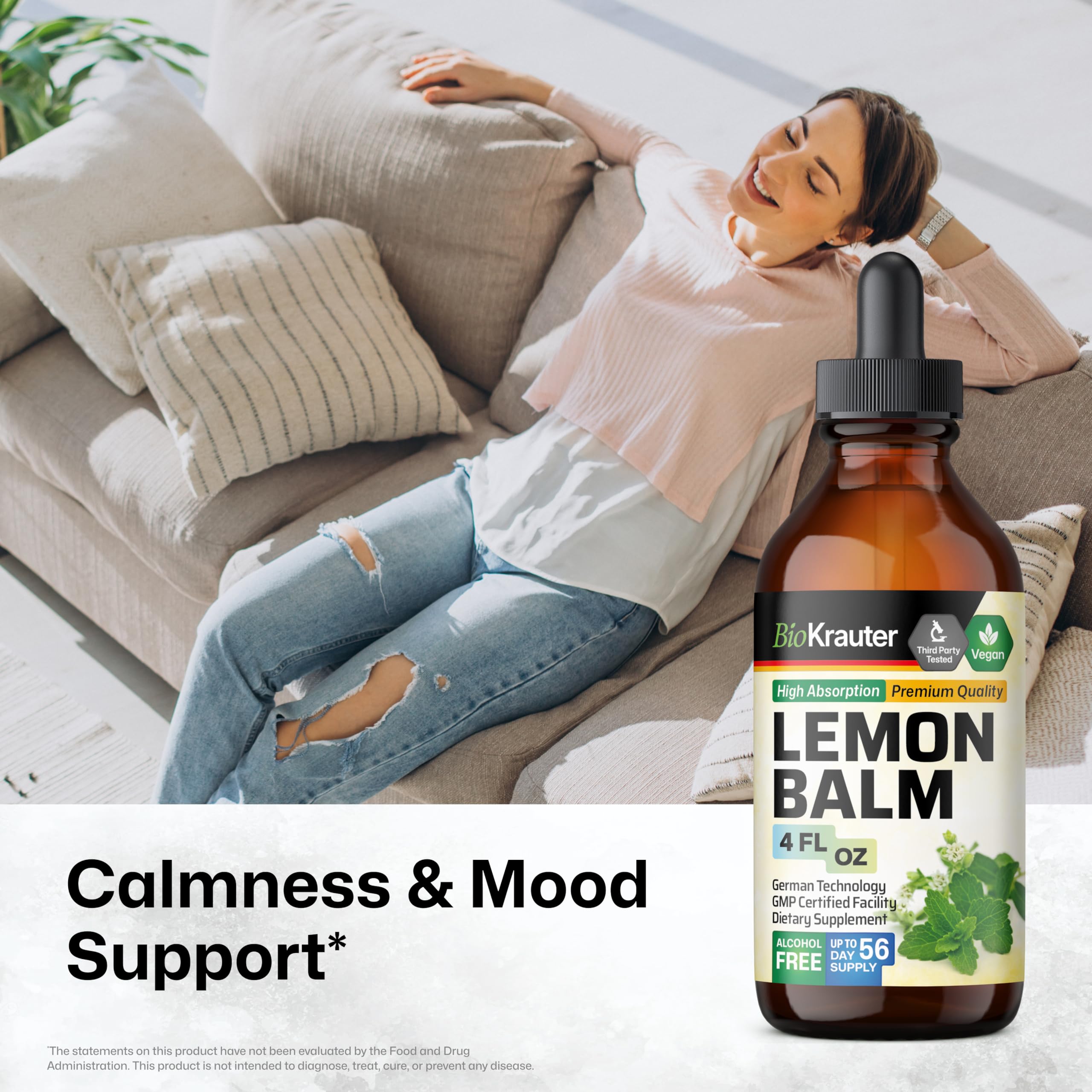 BIO KRAUTER lemon balm drops poured into water for easy mixing.
