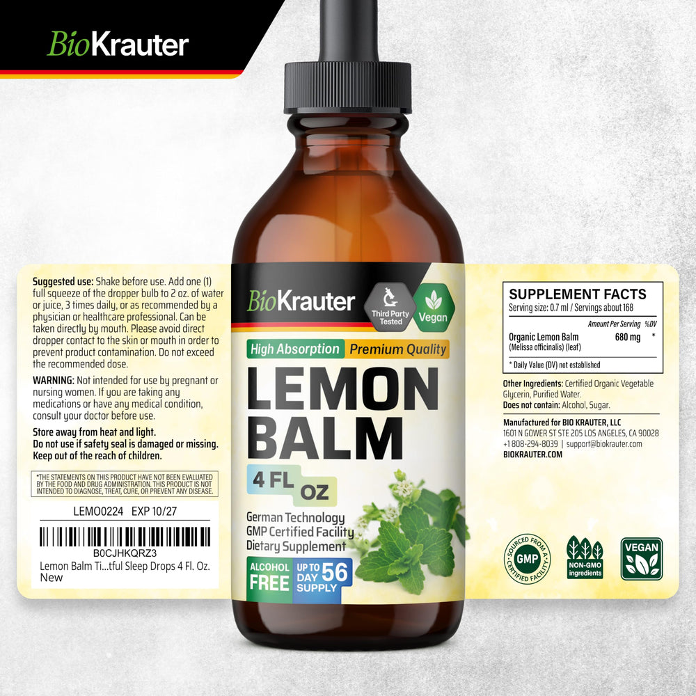 BIO KRAUTER Lemon Balm tincture on a calm evening scene suggesting relaxation.