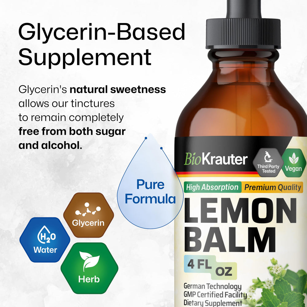 BIO KRAUTER Lemon Balm ingredient list shows water glycerin and lemon balm.
