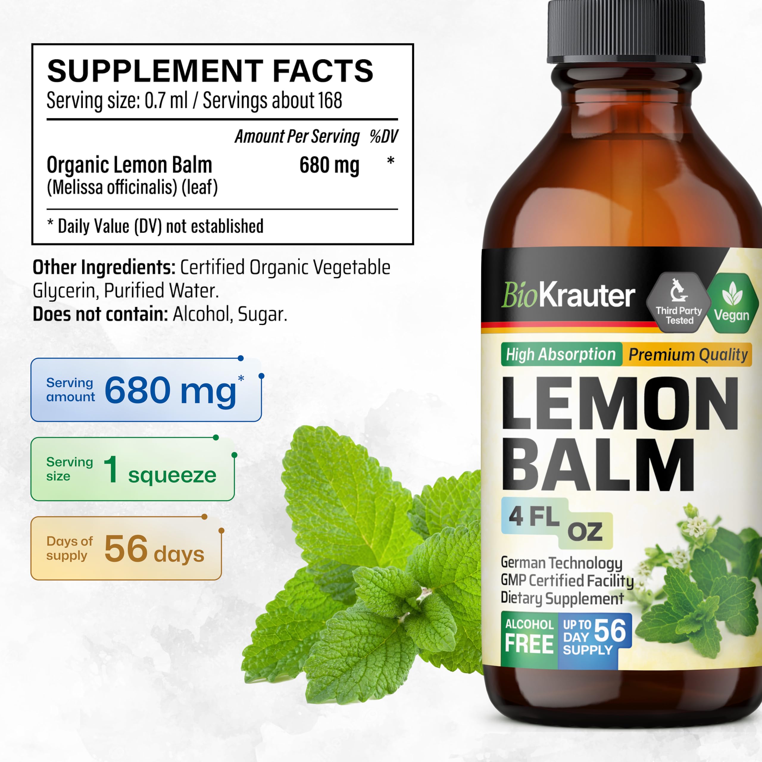 BIO KRAUTER Lemon Balm label front highlights vegan, alcohol-free formula.