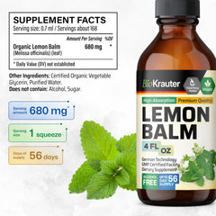 BIO KRAUTER Lemon Balm label front highlights vegan, alcohol-free formula.