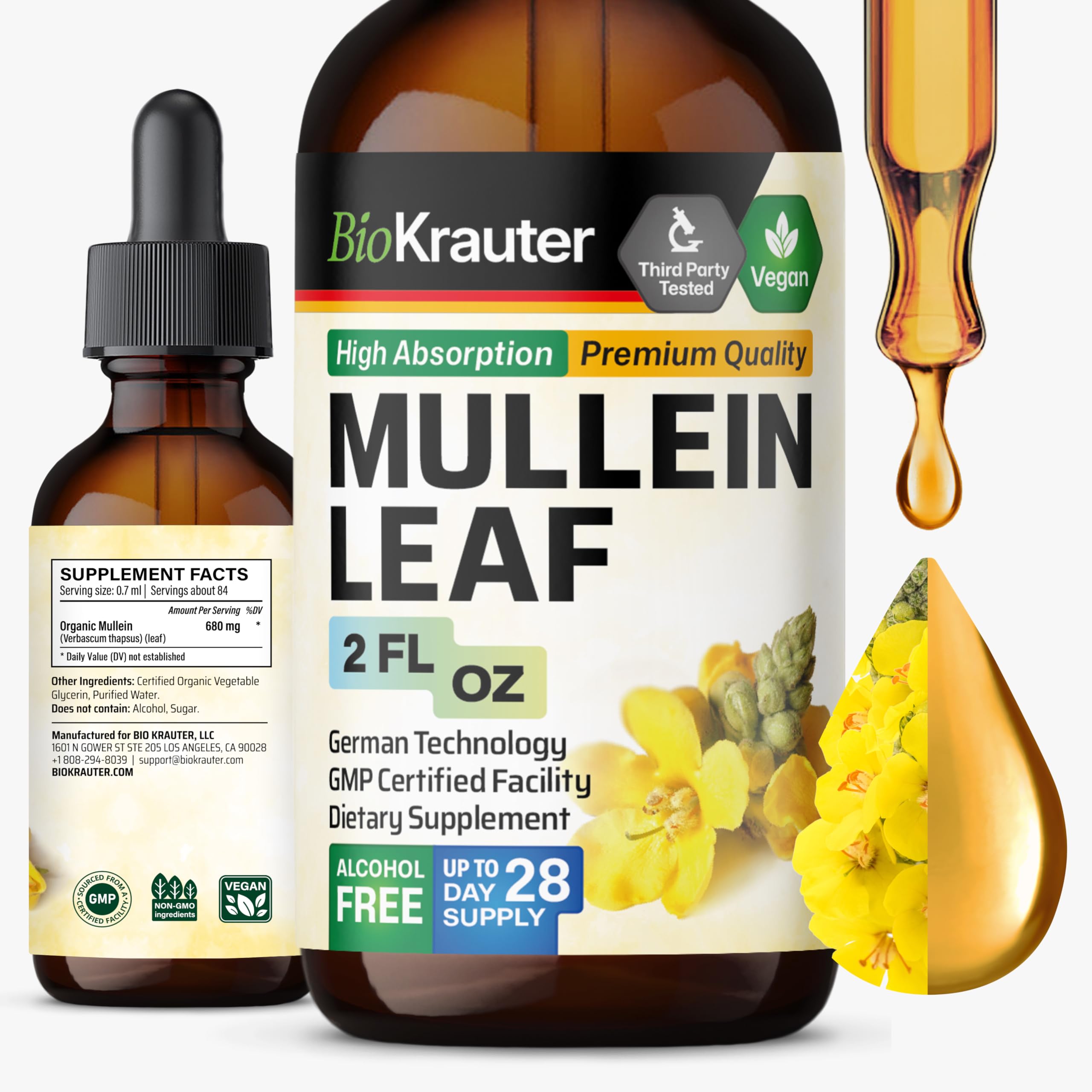 BIO KRAUTER Mullein Drops bottle on white, highlighting a pure plant-based lung support.