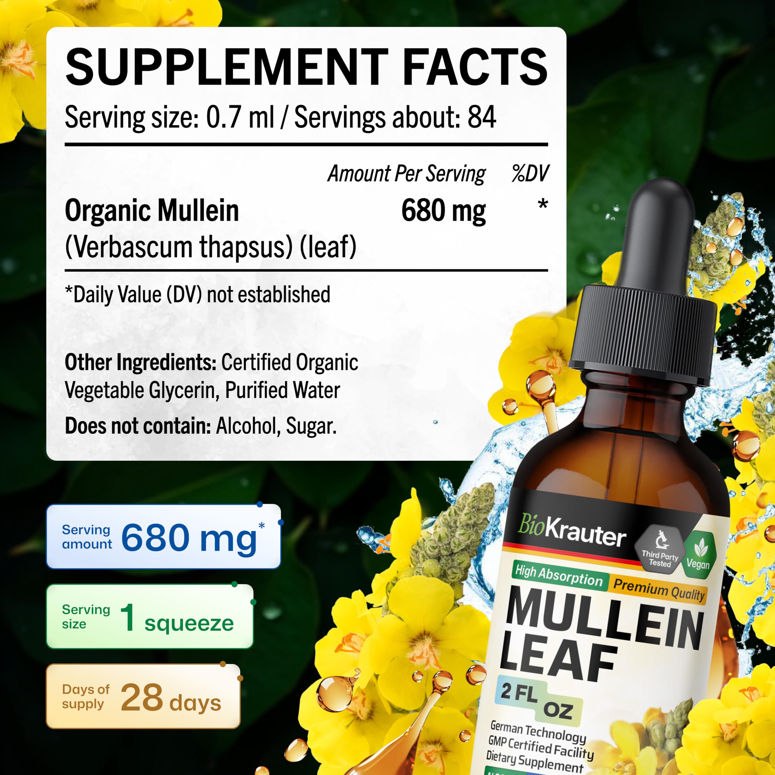 Ingredients panel of BIO KRAUTER Mullein Drops showing water, glycerin, mullein leaf.