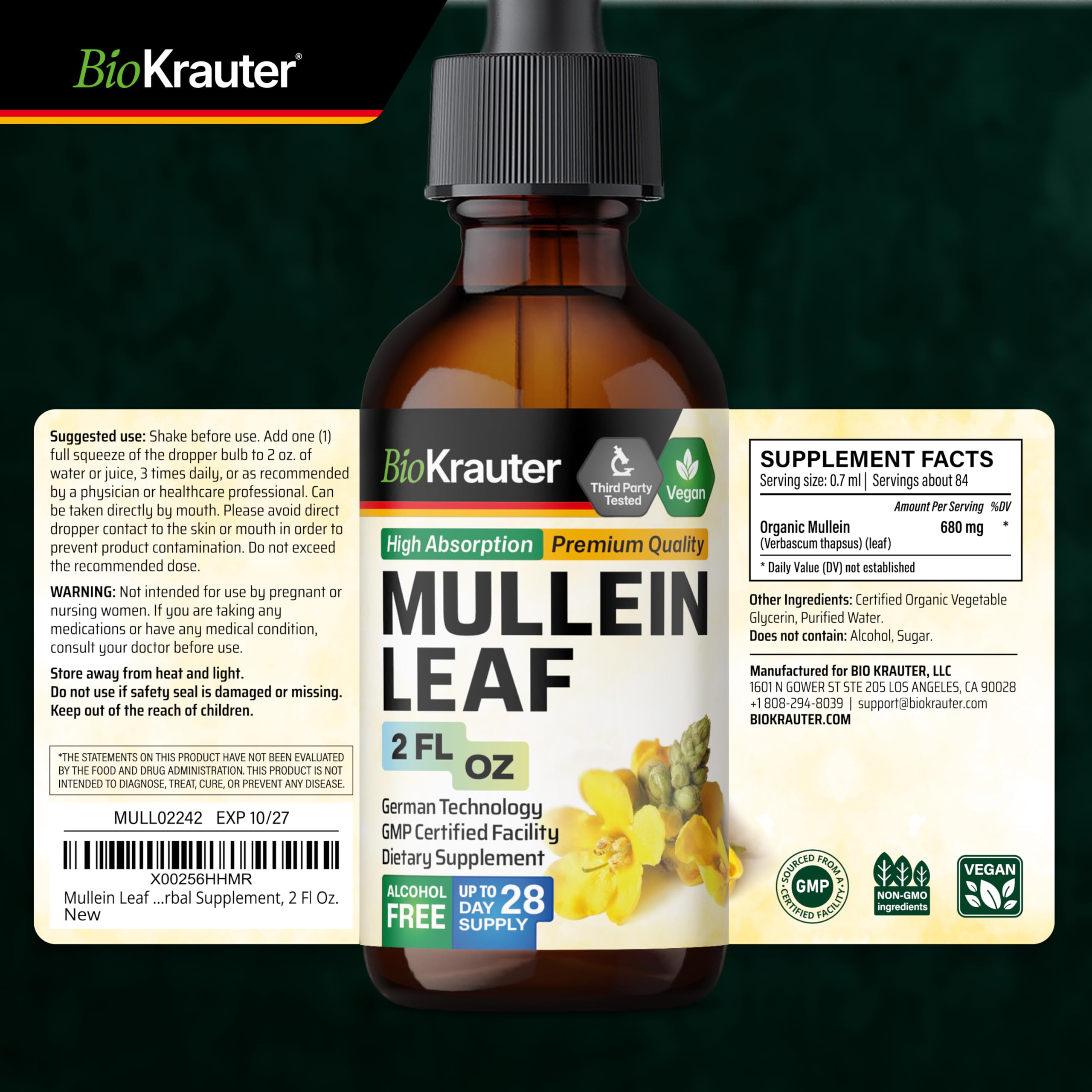 Shake-before-use instruction label on BIO KRAUTER Mullein Drops.