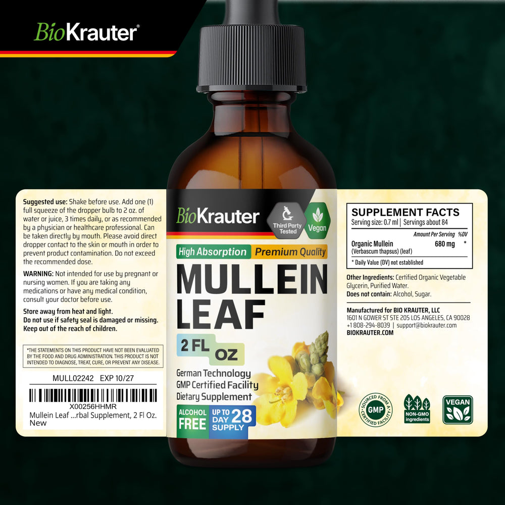 Shake-before-use instruction label on BIO KRAUTER Mullein Drops.