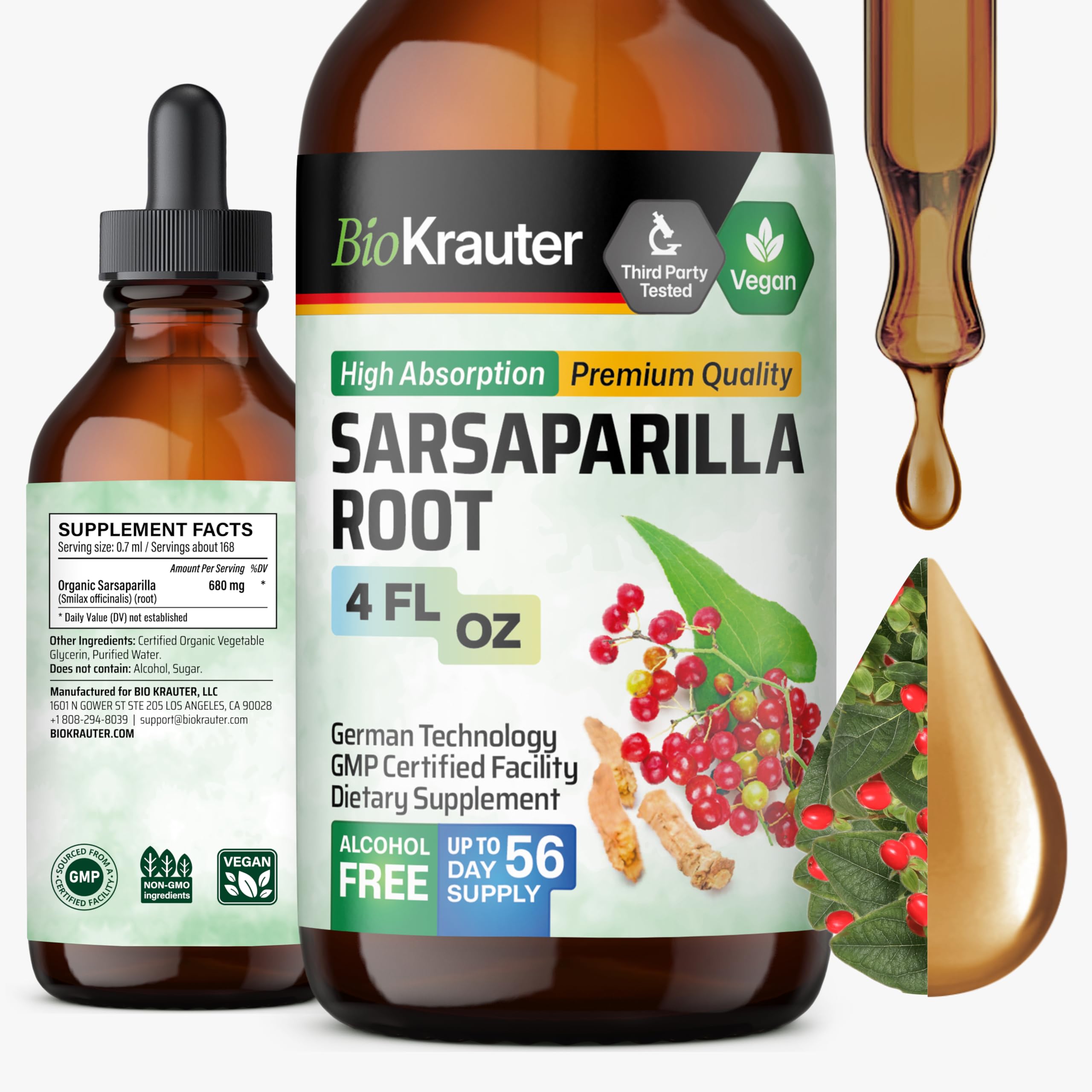 BIO KRAUTER Sarsaparilla tincture bottle with drops for easy wellness rituals
