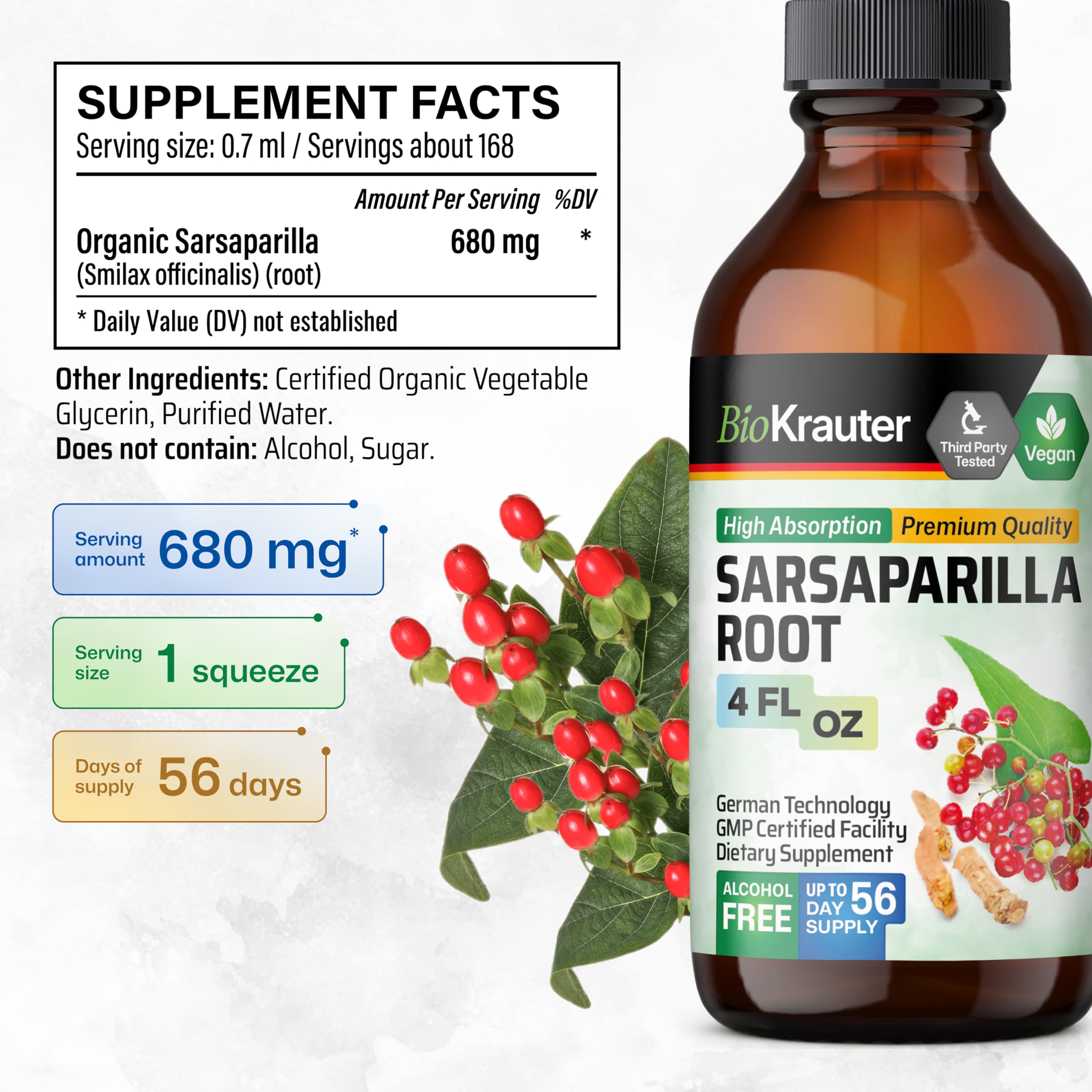 BIO KRAUTER Sarsaparilla tincture label showing vegan, alcohol-free formula