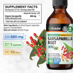 BIO KRAUTER Sarsaparilla tincture label showing vegan, alcohol-free formula
